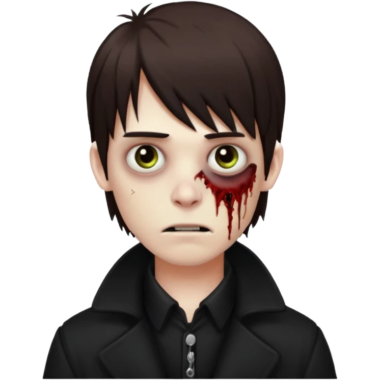 Zombie, emo guy with dark circles under his eyes and medium brown hair with straight bangs, in a black long
 emoji