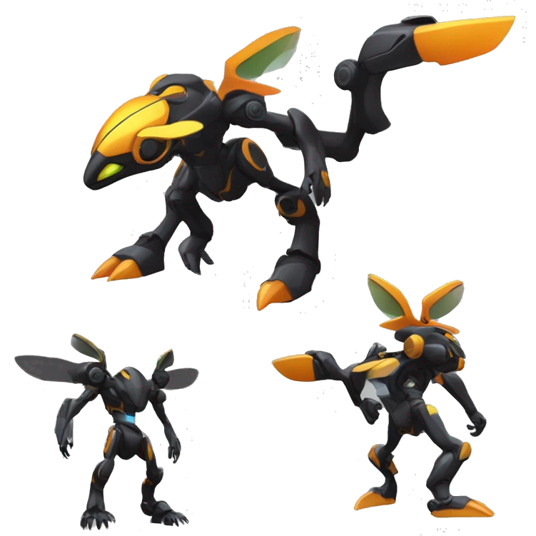 a shiny metallic black-orange-yellow Genesect-Flygon-Raptor-Fakémon-Medabot-hybrid with a futuristic visor-helmet full body emoji