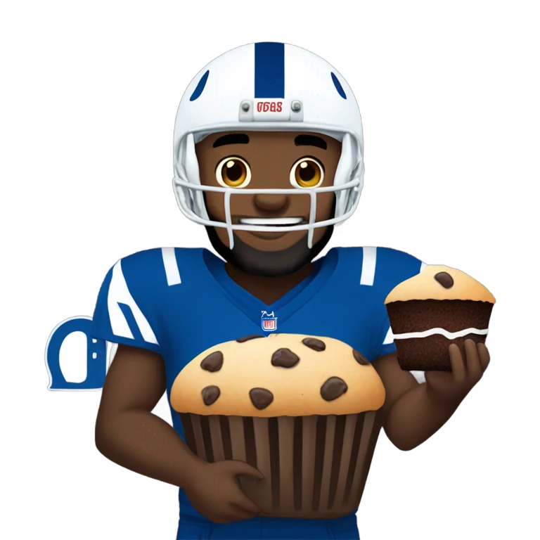 Black man with beard while wearing Colts symboled football helmet eating a chocolate chip muffin emoji