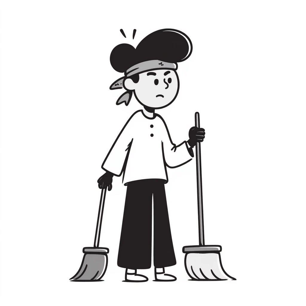 Levi Ackerman cleaning with bandana over hair, gloves, holding broom, annoyed expression emoji