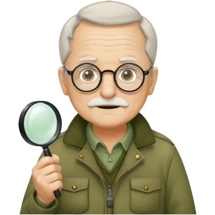 old man in beige moss green explorer outfit, wear black glass, hat, holding magnifying glass emoji