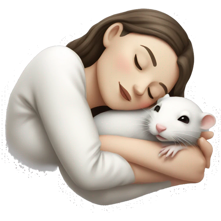 white brunette sleeping woman cuddling with one tiny white rat with red eyes emoji