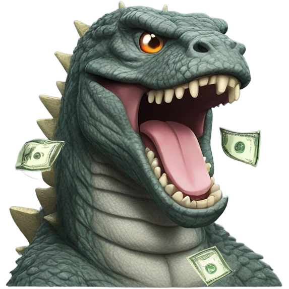 godzilla with dollar signs on the eyes and tongue the money-mouth face emoji