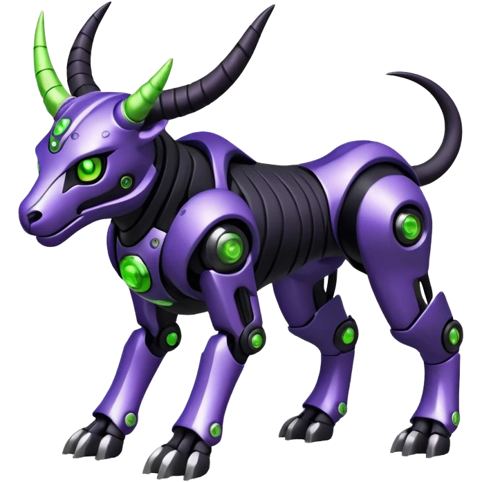 Futuristic mechanical cyborg horned modern badass cool shiny metallic alloy black-obsidian purple neon-green white lime animal hybrid Fakemon full body with intricate patterns emoji