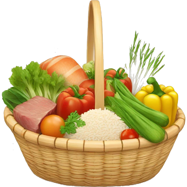 basket with vegetables, meat, rice, cereals emoji