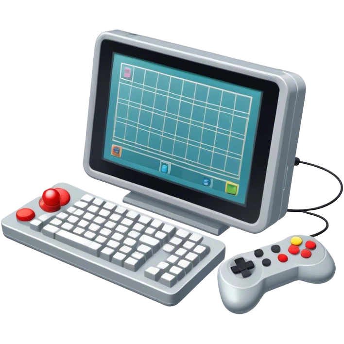Emoji for Game Design: computer screen with Professional game development interface, 3D models, pixel art and design tools like grid, wireframe, gamepad, joystick, stylus. Symbolizes the technical and creative process of game development. Transparent background. emoji