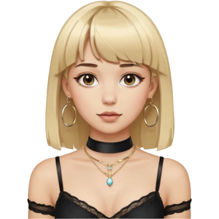 long elegant hair with bangs. almost female blonde boy femboy trap t-girl cute feminine makeup gay lingerie sleeves. skinny male body.   choker hoop earrings. emoji