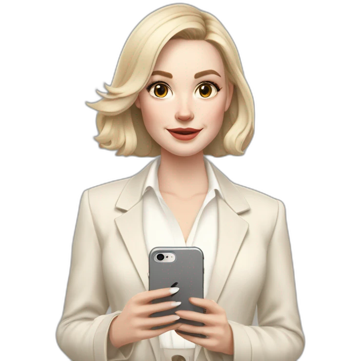 pale skin woman with ash blonde Straightened bob Hair, White Spacious classical jacket, beige palazzo Arrow pants and gray blouse holding white IPhone 14 pro in the hands emoji