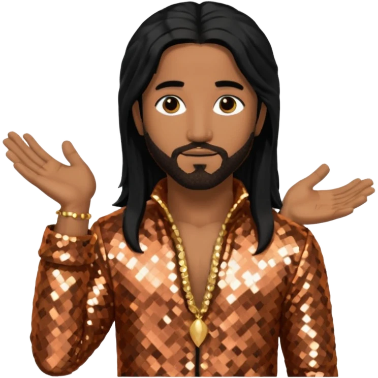 Omarion with long black hair, copper sequin outfit emoji