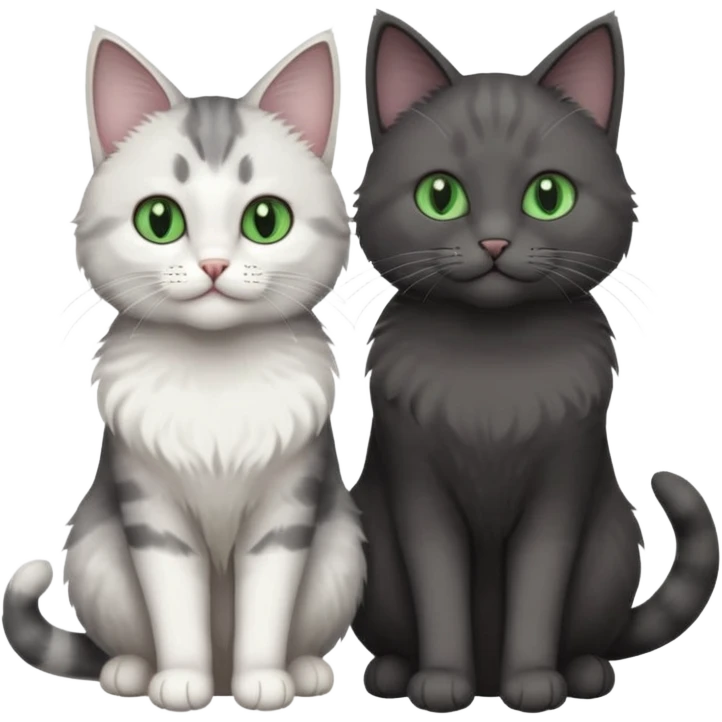 2 different coloured small cats including one dark grey and white cat and one completely solid dark grey cat with green eyes and only white paws emoji