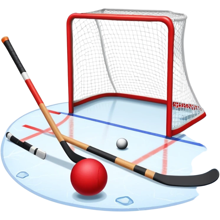 A red ball and hockey stick resting on an ice rink, with the goalposts and clear markings in the background. The scene captures the unique nature of field hockey with a ball on ice, emphasizing the speed and precision of the sport in a cold, competitive atmosphere. emoji