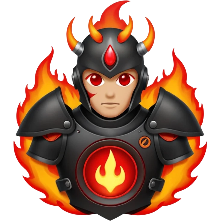Head: A black KLIPSCH RP-8000F speaker, often represented with a red center or speaker cone.
Core: A small, bright glowing cherry-red circle representing his core.
Body & Armor: Primarily black armor plating with bright red accents or flames. emoji