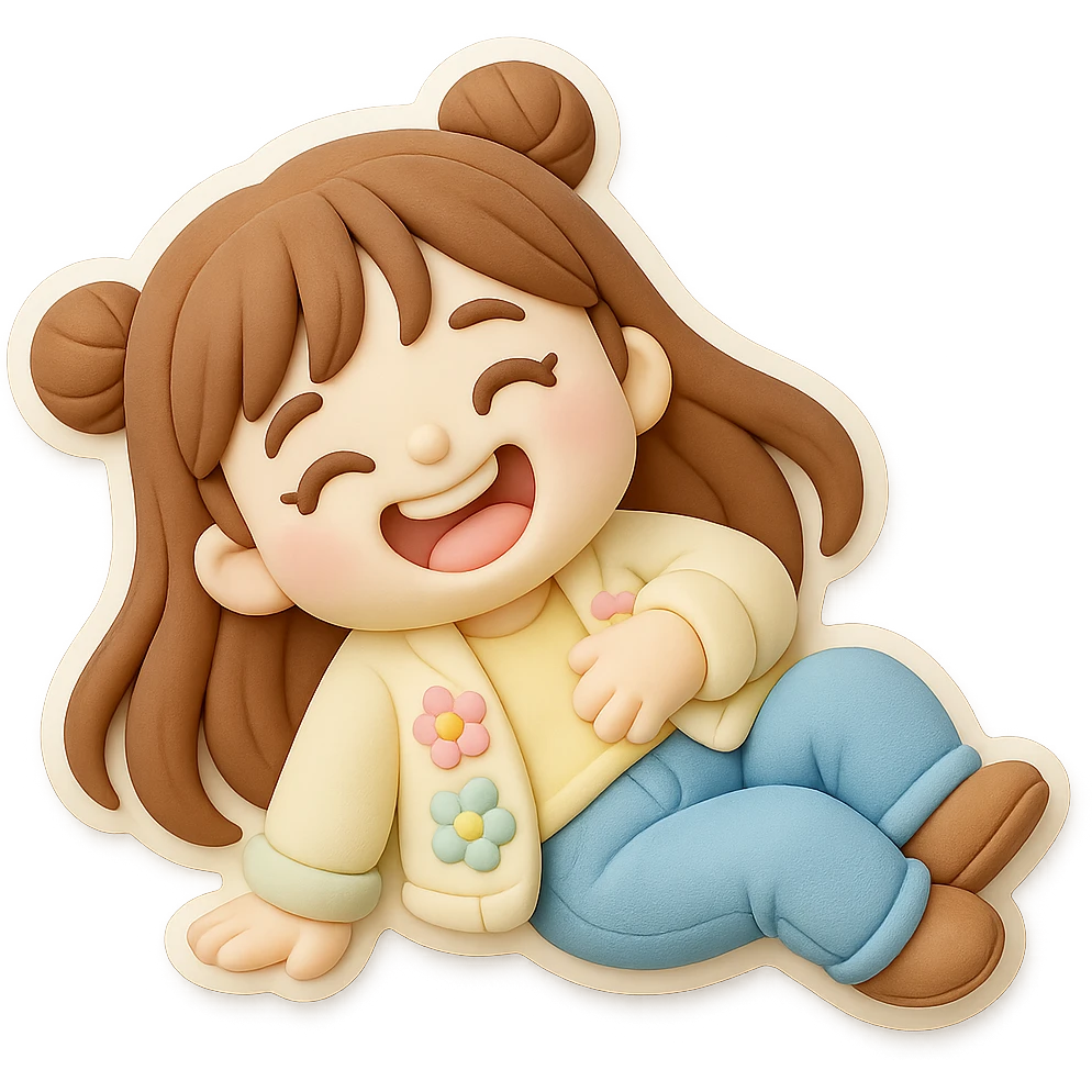 3D chibi girl in fondant cake art style, high-quality rendering with smooth shadows and soft gradients, long brown hair in two space buns, brown eyes, jeans, pastel floral cardigan, thick white outline like a sticker, transparent background, rolling on the floor laughing, preserve facial features from reference image emoji