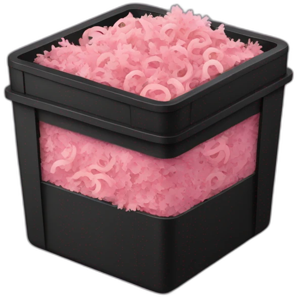 Black cubic plastic container with wood shavings and pink worms inside emoji