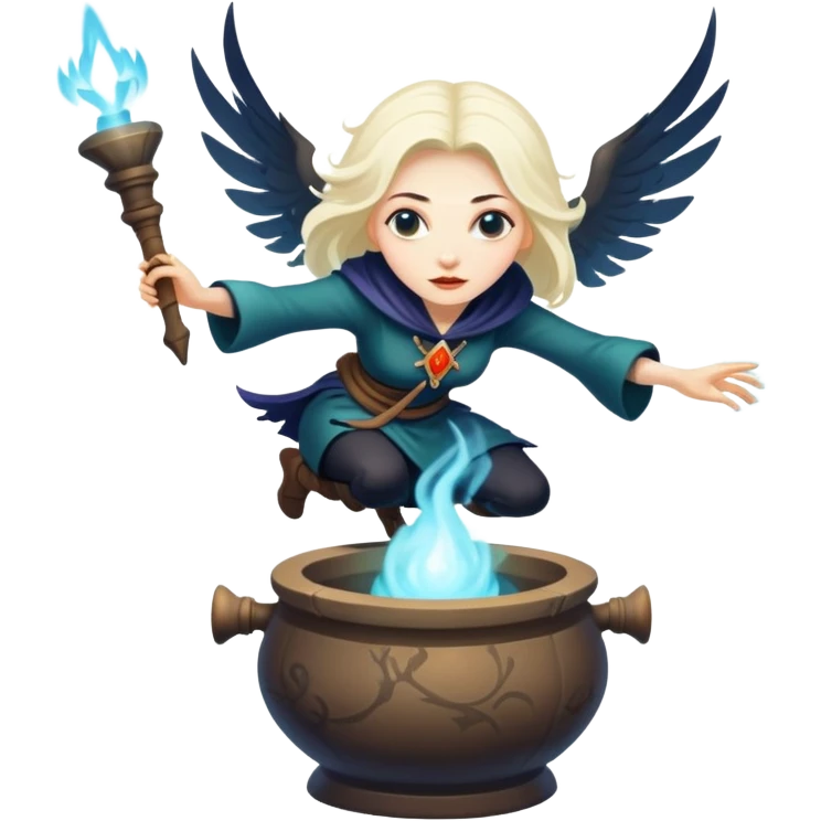 Baba Yaga sorceress woman flying in a mortar, magical aura emoji
