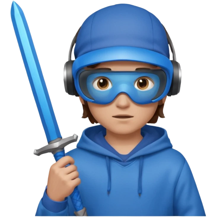 a boy with brown hair, a blue vr headset. a blue hoodie and a blue sword emoji