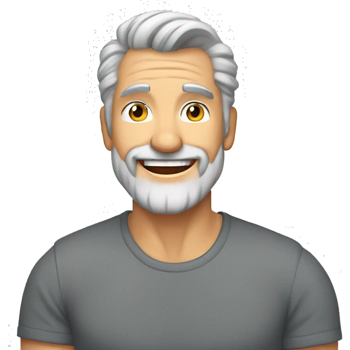 mid 50s dad, grinning, muscular, with beard, grey hair, portrait, wearing v necj t shirt emoji