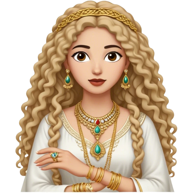 The Palestinian woman, she had long curly hair and well defined eyebrows wears a white traditional dress. Her accessories steal the spotlight—intricately designed gold bangles, statement rings, and layered necklaces—each piece exuding heritage and craftsmanship.  emoji
