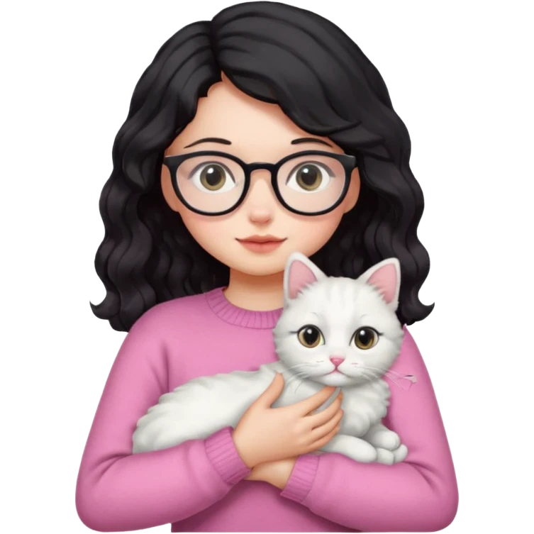 a girl with a black wavey hair, wearing a pink sweater and glasses, holding a cute white cat, only upper body emoji