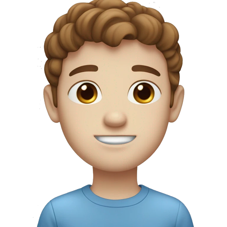 A boy With brown hair, blue eyes white skin a blue shirt, freckles, and a mouth ￼￼ emoji