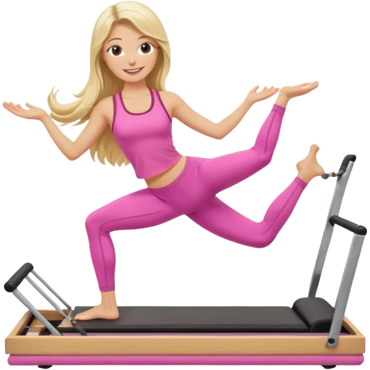 long haired blonde pilates instructor teaching reformer in pink set emoji