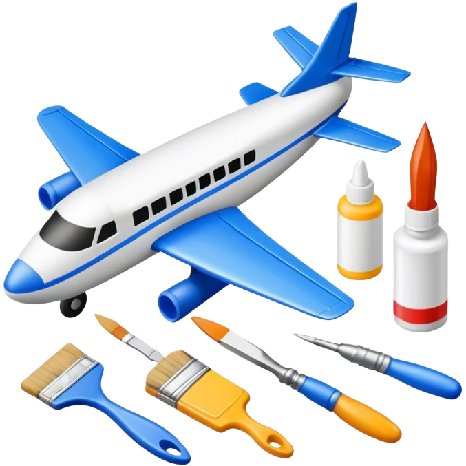 photorealistic icon featuring model-building tools like glue, paint, paintbrushes, pieces of a plastic model airplane in the process of being assembled. The design includes detailed textures of the model pieces and tools, capturing the focus and creativity of model building. Transparent background. emoji