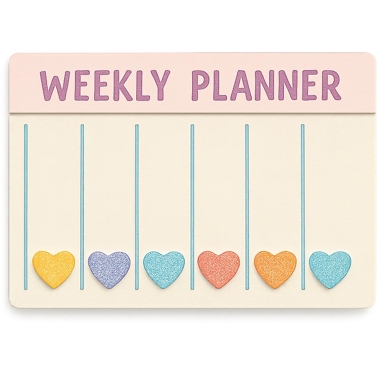 soft pastel kawaii weekly planner box with pastel heart icons emoji