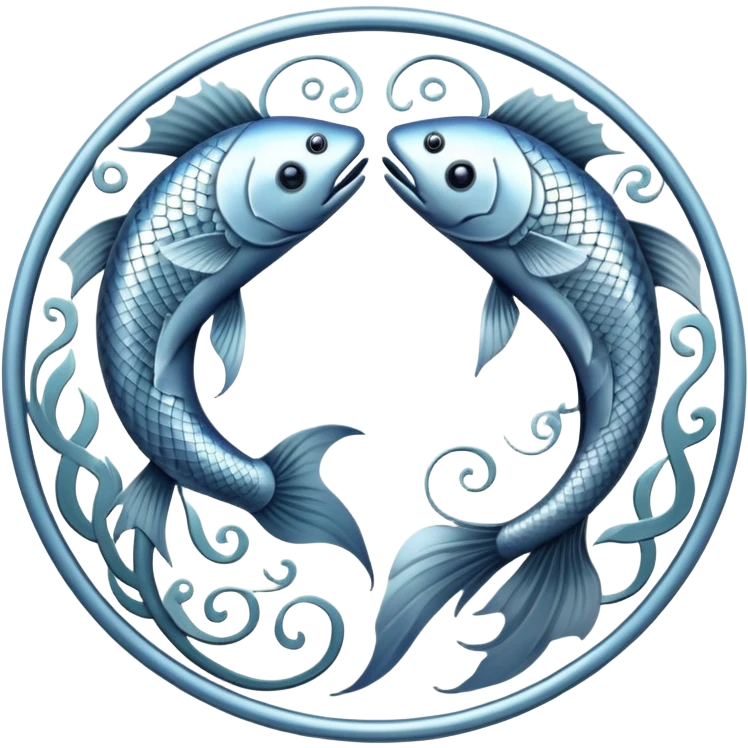The zodiac symbol Pisces. Two fish in a “yin-yang” formation. One fish’s head is facing the other fish’s tail, and vice versa forming a hoop emoji