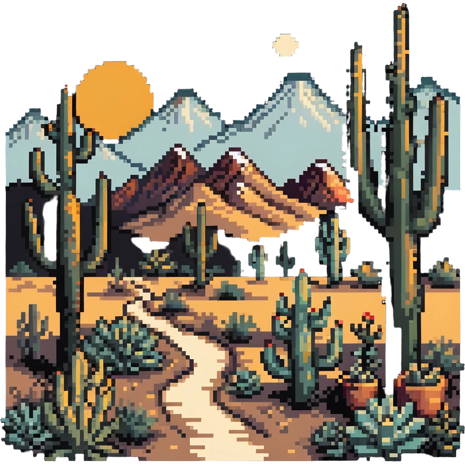 boho-inspired landscape painting with mountains, sun, and desert plants emoji