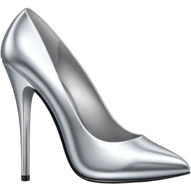 A pair of high heel shoes emoji made of polished silver chrome, elegant sharp silhouette, smooth metallic surface, glossy reflections, luxury sexy vibe, minimalistic iOS emoji style, centered, clean white background emoji