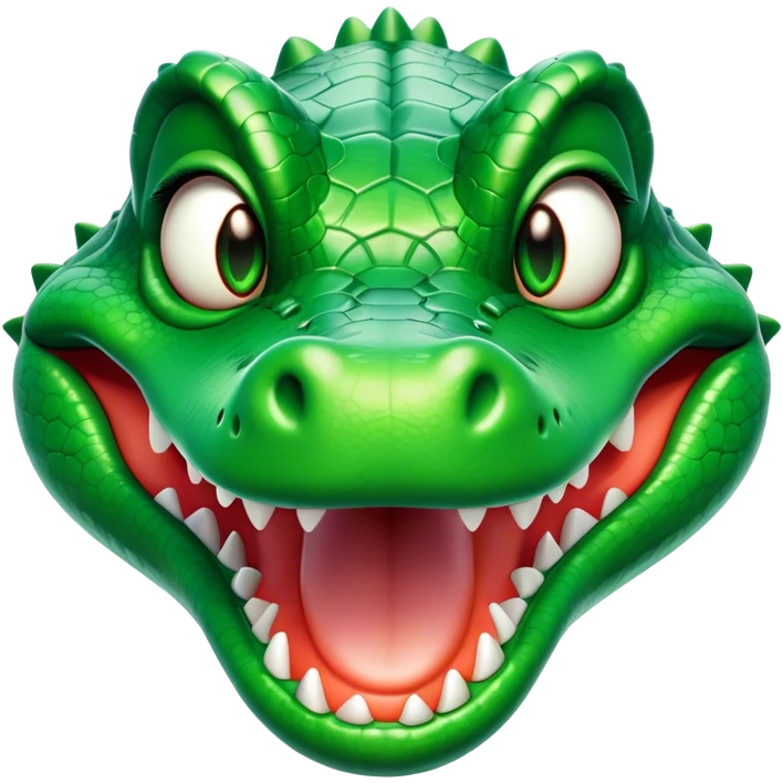Cinematic Comical Crocodile Portrait Emoji, Head tilted dramatically with an exaggeratedly amused expression, featuring a striking, glossy emerald-green hide with bold textured scales and wide, expressive eyes filled with playful disbelief, Simplified yet hilariously expressive features, highly detailed, glowing with a slightly sassy glow, high shine, dramatic yet playful, stylized with an air of cheeky mischief, bright and endearing, soft glowing outline, capturing the essence of a spirited and over-the-top crocodile, so meme-worthy it feels like it could snap its jaws into internet fame instantly! emoji