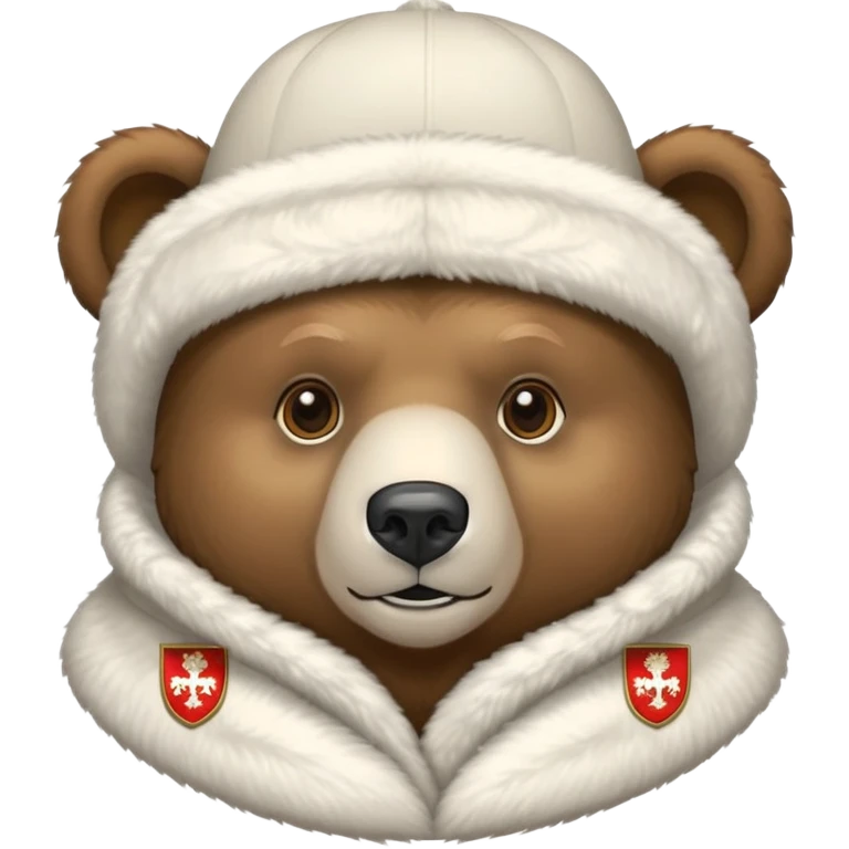 Just the head of a bear wearing white ushanka hat with detailed Russian coat of arms emblem centered on hat, iOS emoji style emoji