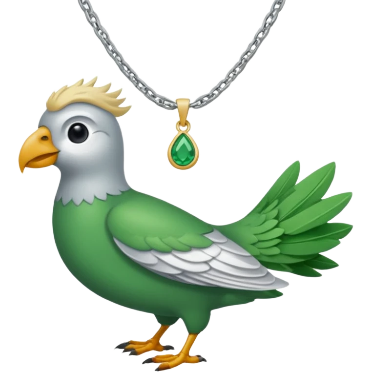 un oiseau classique tout vert avec un collier autour de son cou avec des breloque argentées et un seul poil blond qui fait une petite bouclette sur le front le collier est autour de son cou emoji