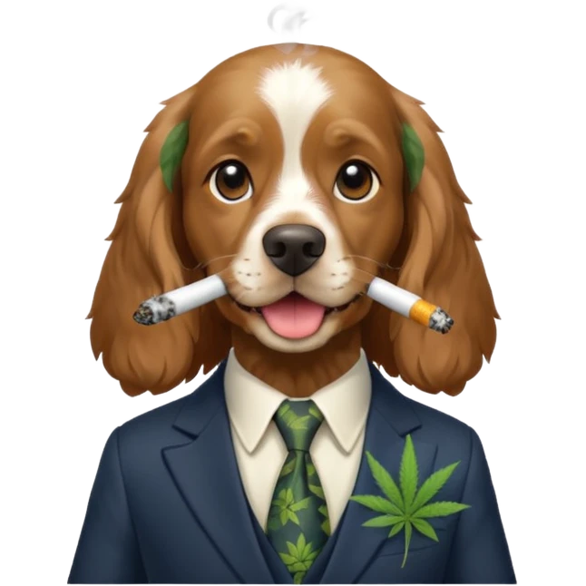 Happy english cocker spaniel dressed in a suit smoking marijuana emoji