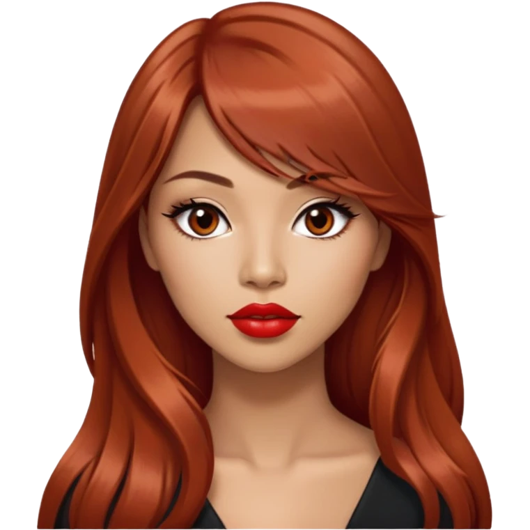 gorgeous woman, light tan skin, very long auburn hair, side bangs, black eyes, lipstick, model, latina, asian, mixed emoji