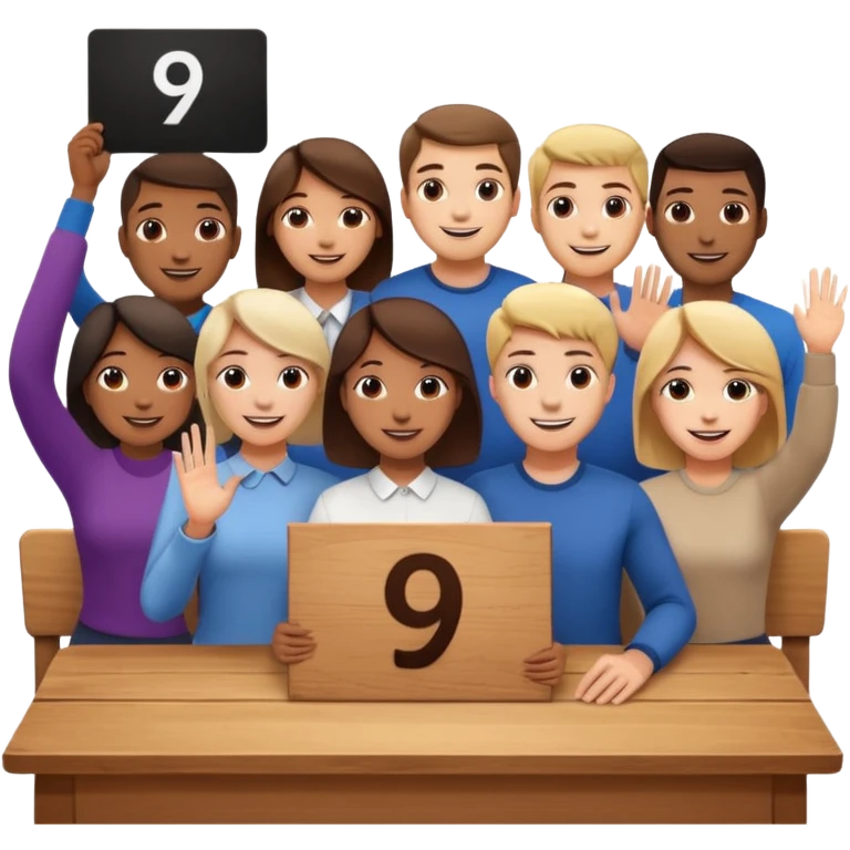 group of people behind a table, one holding a sign with the number 9 emoji
