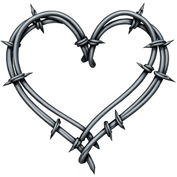 Minimal black line art heart made from barbed wire, hand-drawn sketch look, uneven ink strokes, 6–7 barbs with twisted knots, simple clean outline, centered on plain white background, high contrast emoji