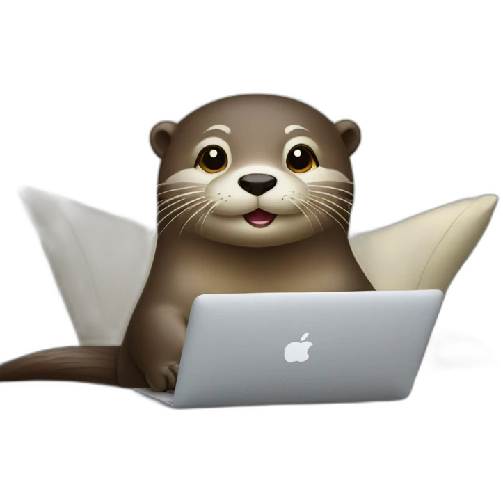 female otter use a macbook while seated against a pillow emoji