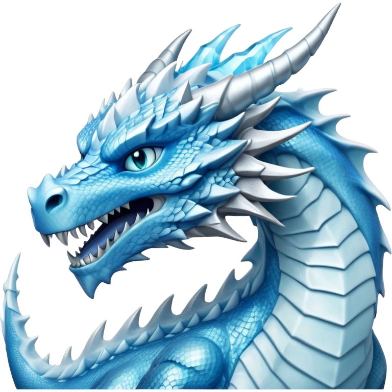 Cinematic Noble Fierce Ice Dragon Portrait Emoji, Poised and imposing, with a muscular, scaled body shimmering in glacial hues of icy blue, frostbitten silver, and crystalline white, breathing out frost, with piercing, glowing eyes that radiate the chilling depths of an arctic storm; rendered in detail. emoji
