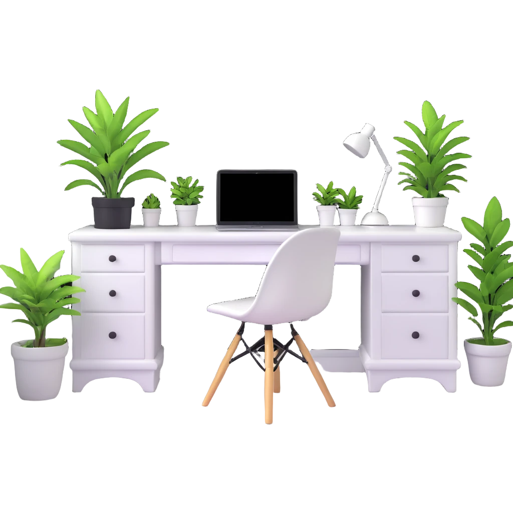 bright clean teenage room with white furniture, white vanity, white desk, white bed, and potted plants emoji