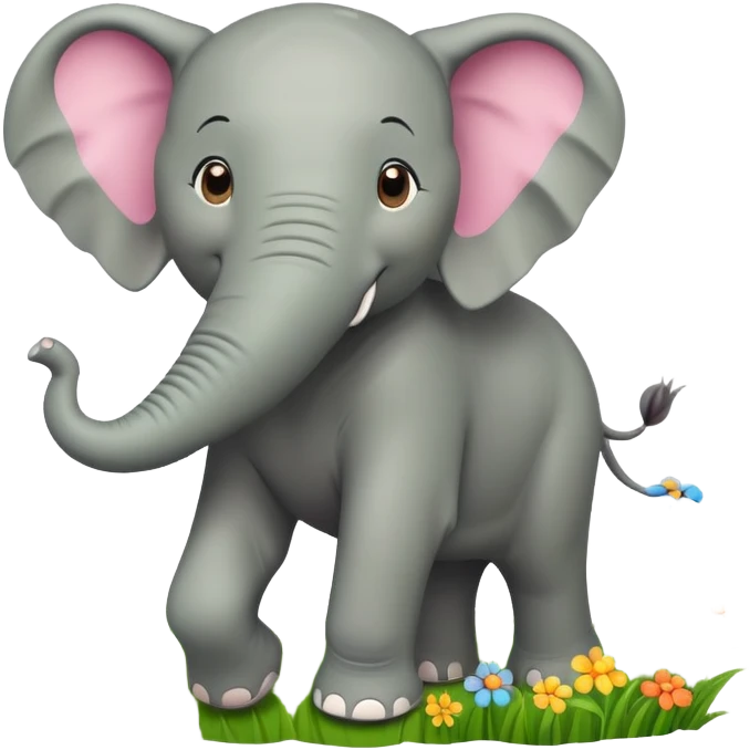 A cheerful elephant walking through a vibrant green meadow, with a bright sun in the sky, small flowers scattered around, and a playful expression on its face. The elephant has a slight smile, and its trunk is raised slightly, as if enjoying the fres emoji