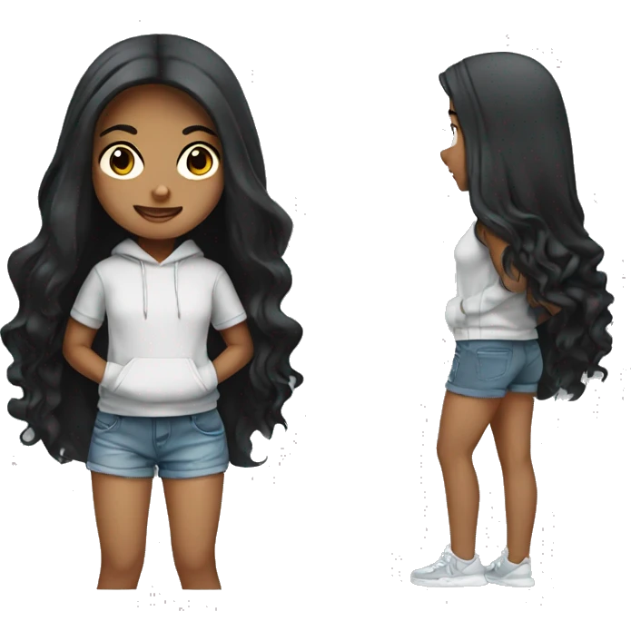 light tan girl with long black hair wearing hoodie and shorts emoji