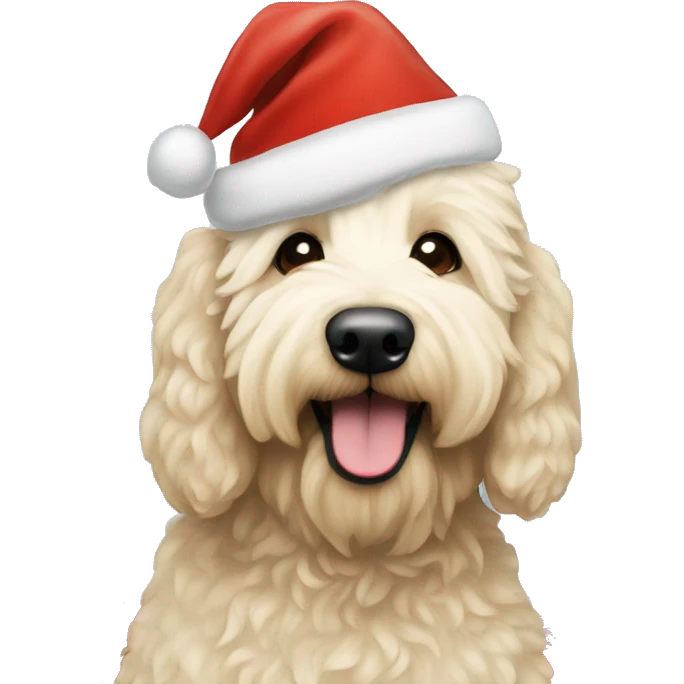 Cream Golden doodle wearing Santa hat emoji