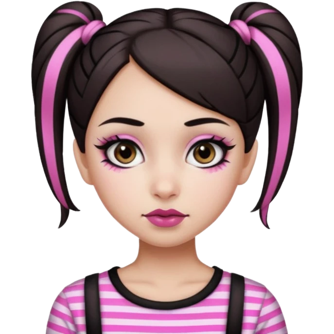generate a pretty fair bratz girl with dark brown eyes. Dark brown hair straight hair with pink highlights tied into buns.  eyeliner. black lipstick. Wearing a white and black striped top emoji