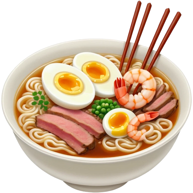 A bowl of ramen with sliced beef and chives and egg and some fried shrimp  emoji
