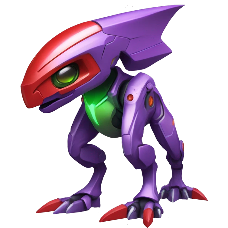 a shiny purple-green-red Genesect-Raptor-Fakémon—hybrid with a futuristic visor-helmet full body emoji