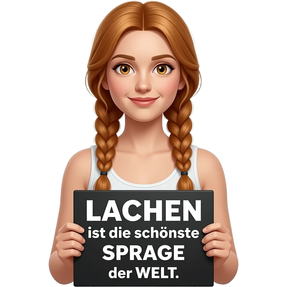 sexy girl with long ginger braids and ginger eyes wearing a white tanktop is holding a black sign with LACHEN ist die schönste SPRACHE der WELT written on it emoji