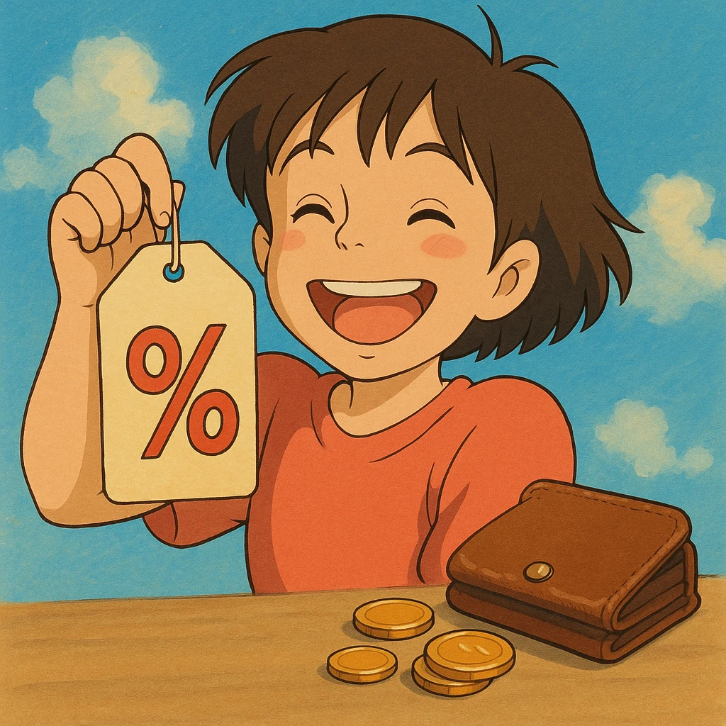 happy anime character holding a price tag with discount symbols, coins and wallet nearby, cheerful colors, Studio Ghibli style emoji