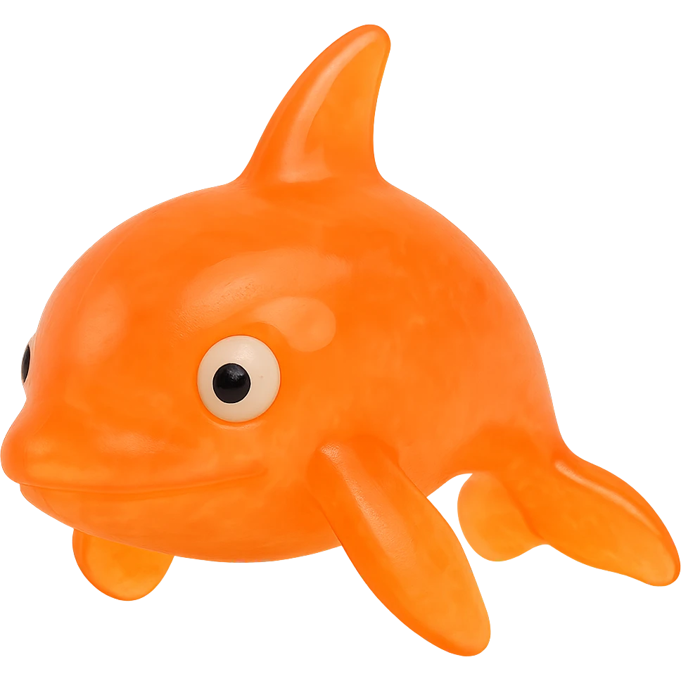 hyper-detailed retro 90's toy style bright orange semi-transparent soft plastic orca with derpy eyes soft reflections soft and squishy some cloudiness not shiny highly detailed appealing no tag no background emoji