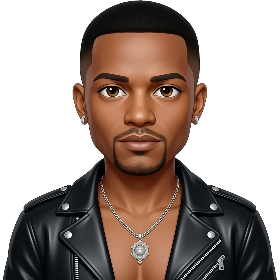 DeVanté Swing from Jodeci with hazel eyes, black short fade hair, black metallic jacket, shirtless with necklace and earrings emoji